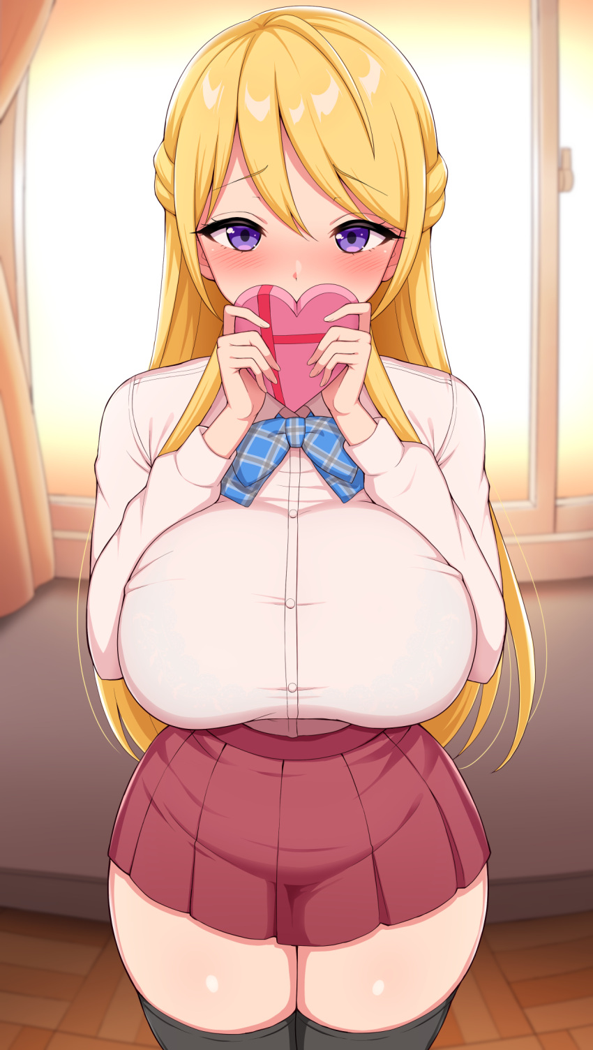 1girl, aikome_(haikome), bangs, black_legwear, blonde_hair, blush, bow, bowtie, box, breast_squeeze, breasts, covered_mouth, evening, eyebrows_visible_through_hair, from_above, gift, gift_box, hair_between_eyes, hallway, heart-shaped_box, highres, indoors, large_breasts, long_hair, long_sleeves, looking_at_viewer, miniskirt, original, plaid, plaid_bow, plaid_bowtie, pleated_skirt, red_skirt, school, school_uniform, shirt, shirt_tucked_in, shy, skirt, swept_bangs, taut_clothes, taut_shirt, thick_thighs, thigh-highs, thighs, valentine, violet_eyes, white_shirt, window, zettai_ryouiki