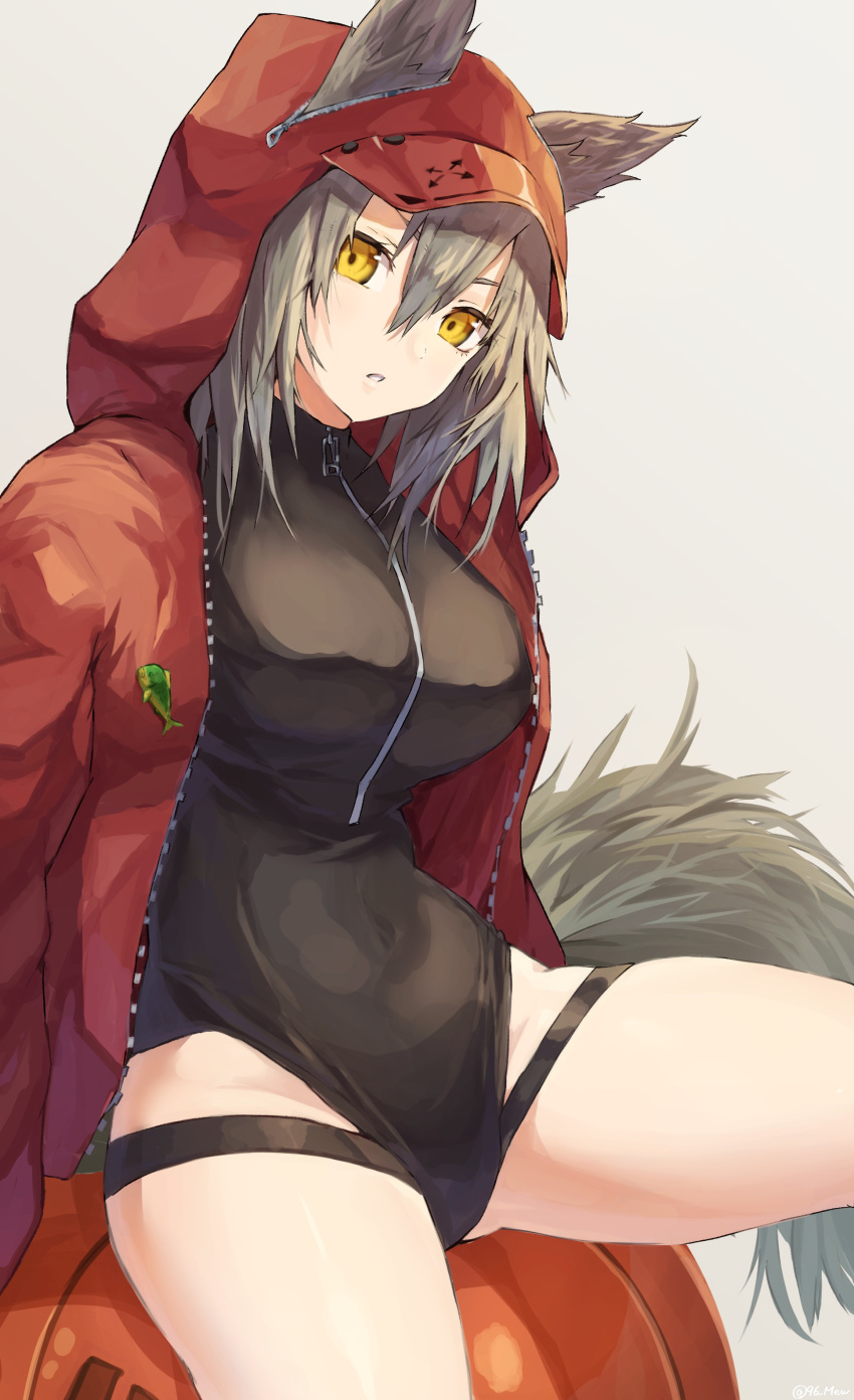 1girl, absurdres, animal_ears, arknights, ball, beachball, black_swimsuit, breasts