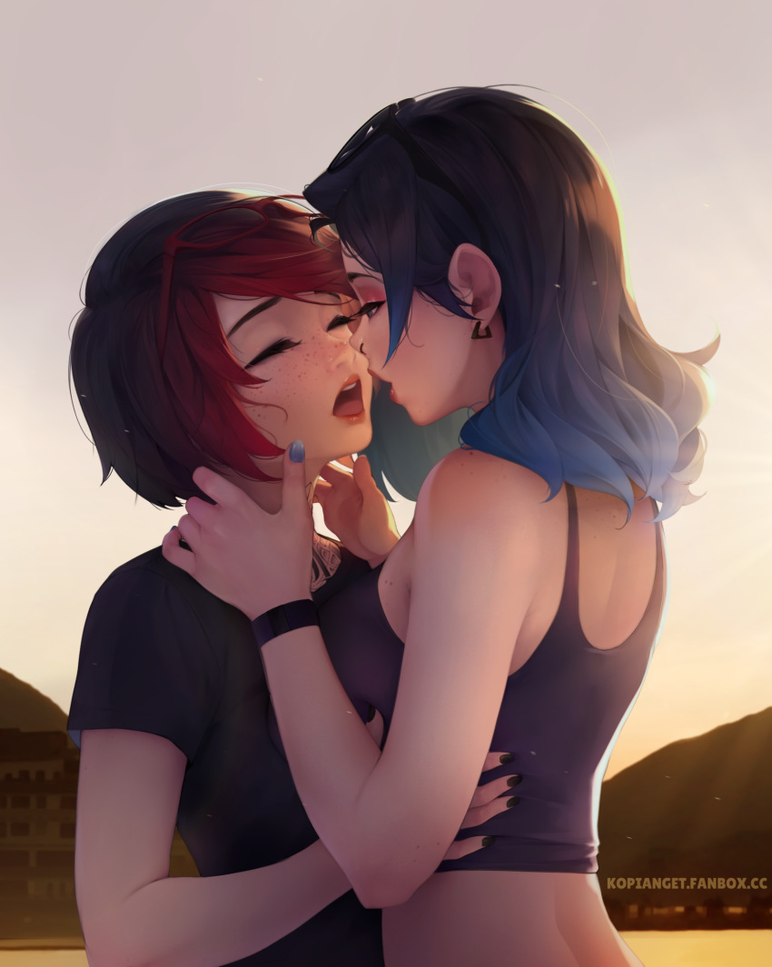 2girls, artist_name, ashley_rosemarry, bare_shoulders, black-framed_eyewear, black_nails, black_shirt, black_tank_top