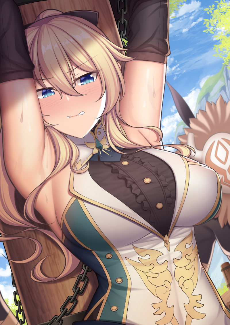 1girl, armpits, arms_up, bangs, bdsm, black_gloves, black_shirt, blonde_hair