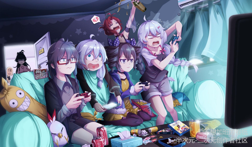 1boy, 6+girls, armpits, bangs, bare_shoulders, bedroom, black_hair, black_jacket, black_legwear, black_shirt, blue_eyes, blue_jacket, bow, braid, bronya_zaychik, card, chips, closed_mouth, controller, curtains, da_wei, door, dress, drill_hair, drunk, food, fu_hua, glasses, grey_eyes, grey_hair, hair_bow, heart, highres, holding, holding_controller, homu_(honkai_impact), honkai_(series), honkai_impact_3rd, indoors, jacket, kiana_kaslana, long_hair, long_sleeves, multiple_girls, murata_himeko, nintendo_switch, open_mouth, pillow, playing, playing_card, ponytail, raiden_mei, shirt, side_ponytail, soda_bottle, spoken_heart, stuffed_animal, stuffed_toy, television, theresa_apocalypse, thigh-highs, third-party_source, tissue_box, twin_braids, twin_drills, violet_eyes, watermark, yellow_dress