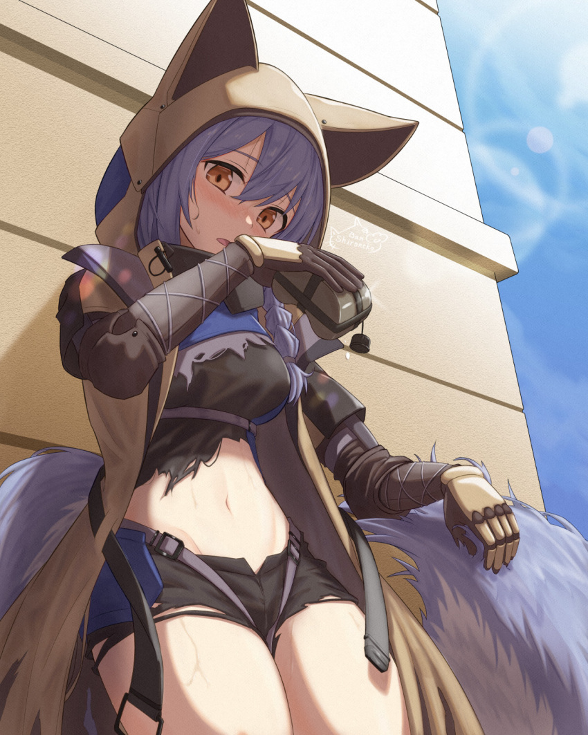 1girl, animal_hood, arknights, black_shirt, black_shorts, blonde_hair, blush, brown_coat, brown_gloves, coat, commentary_request, gloves, groin, hair_between_eyes, highres, hood, hood_up, large_tail, lens_flare, light_beam, long_sleeves, looking_at_viewer, midriff, navel, official_alternate_costume, open_clothes, open_coat, open_mouth, outdoors, provence_(arknights), provence_(wasteland_walker)_(arknights), purple_hair, shironekoban, shirt, short_shorts, shorts, solo, sweat, tail, thighs, torn_clothes, torn_shirt, wolf_girl, wolf_tail