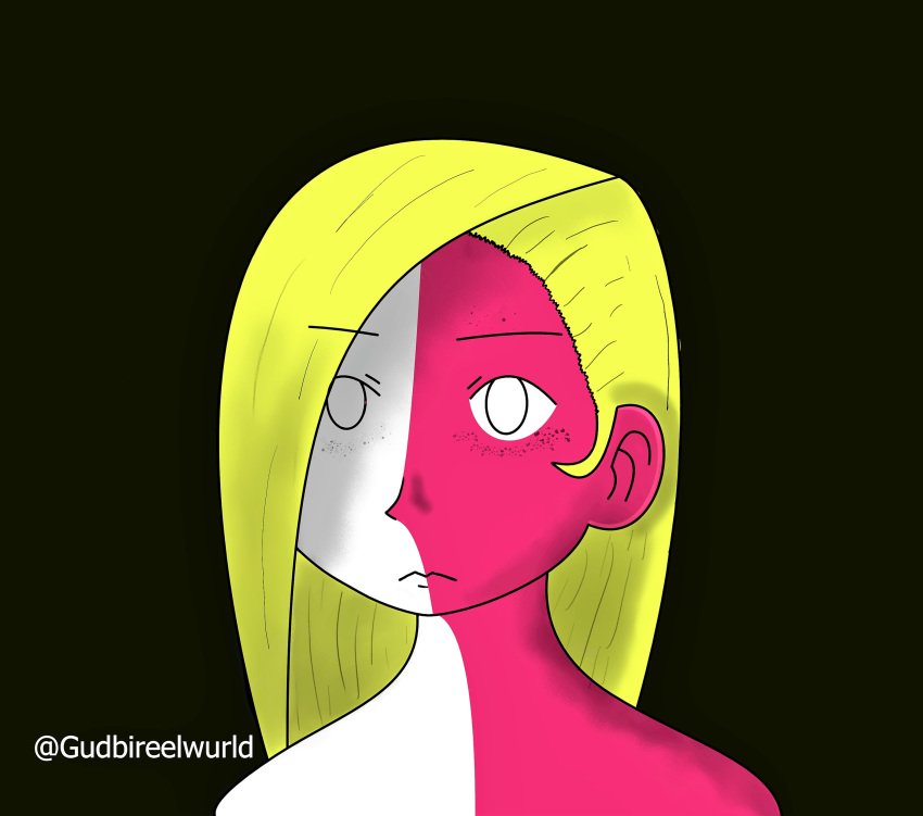 aioi_yuuko, bare_shoulders, black_background, blank_eyes, blank_stare, blonde_hair, deadpan, emotionless, eve_(no_straight_roads), expressionless, freckles, nichijou, no_straight_roads, parody, reference, watermark