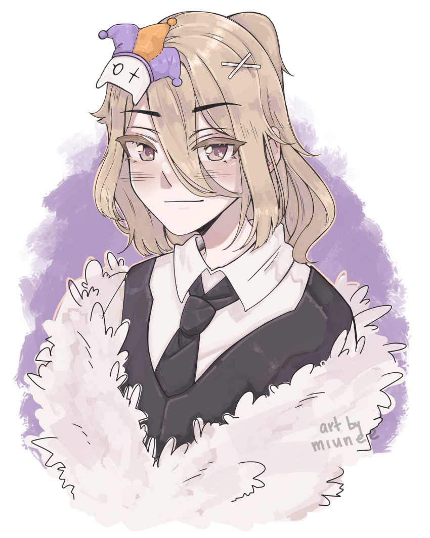 1boy, blonde_hair, formal, hair_ornament, hairclip, highres, indie_virtual_youtuber, jester