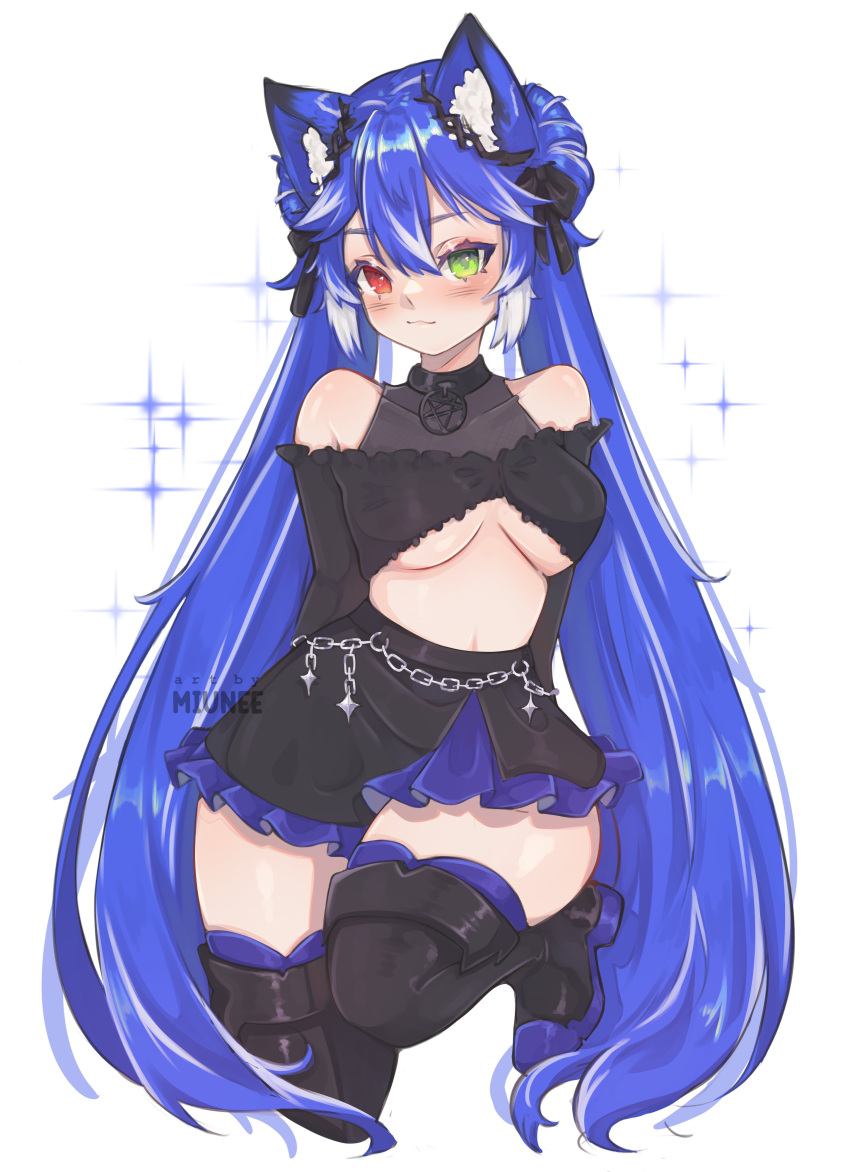 1girl, absurdres, animal_ears, blue_hair, bow, breasts, crop_top, fox_ears