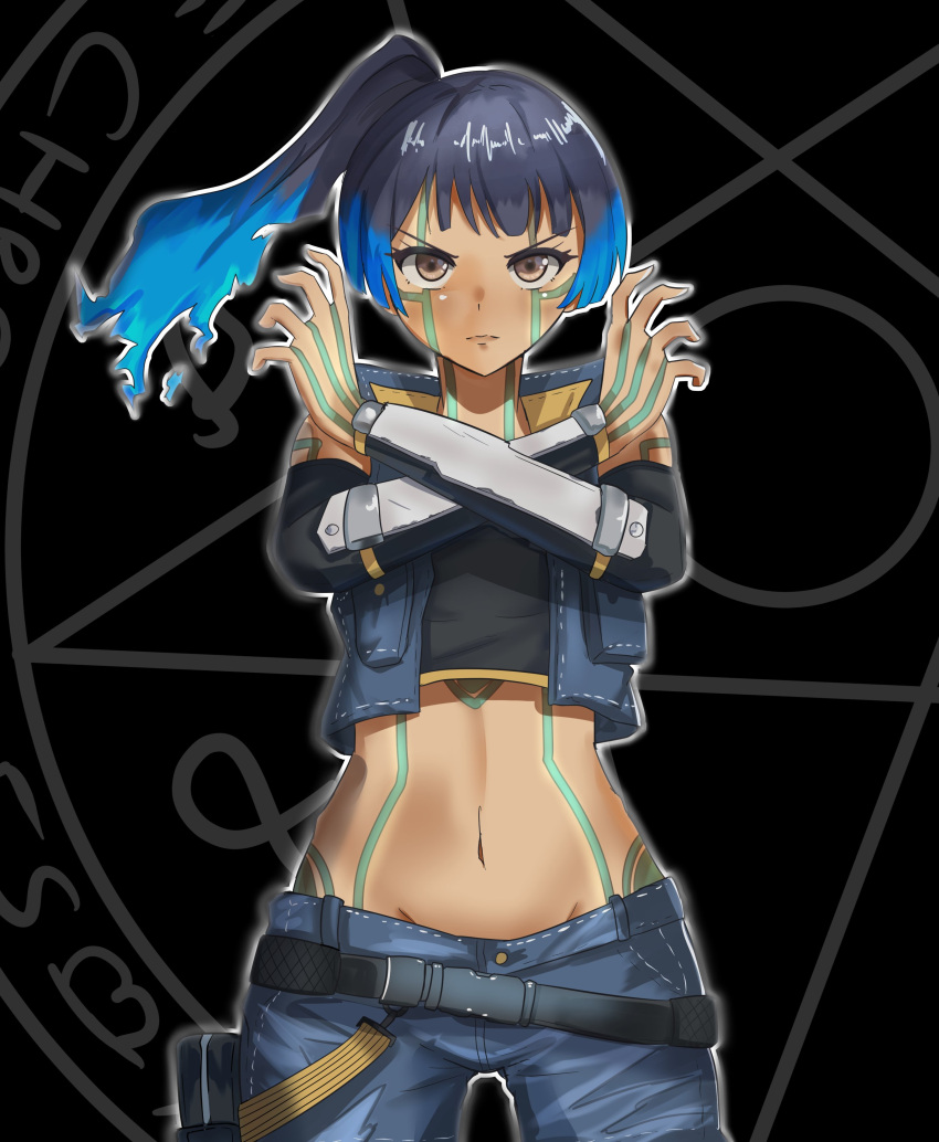 1girl, absurdres, black_hair, blue_shorts, breasts, chest_jewel, cosplay, crossover