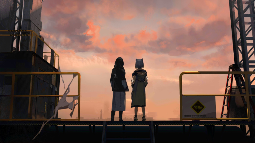 1boy, 1girl, animal_ears, arknights, artist_request, cat_ears, coat, doctor_(arknights)