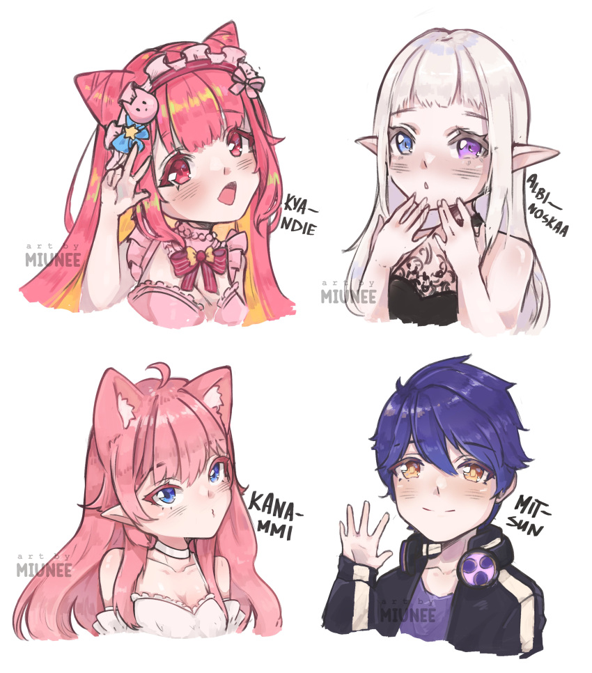 1boy, 3girls, absurdres, albinoskaa, animal_ears, blonde_hair, blue_eyes, blue_hair