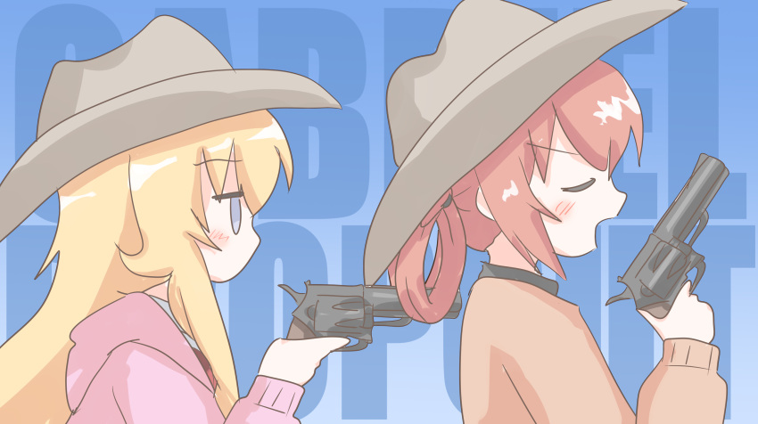 2girls, artist_request, bangs, blonde_hair, blue_eyes, blush, brown_headwear, closed_eyes
