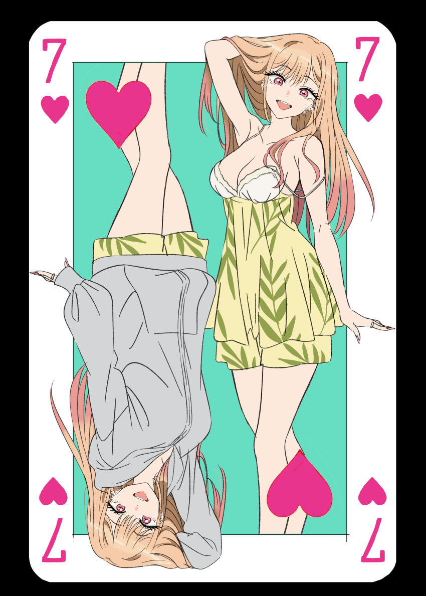 1girl, absurdres, arm_up, barbell_piercing, bare_legs, bare_shoulders, blonde_hair, card