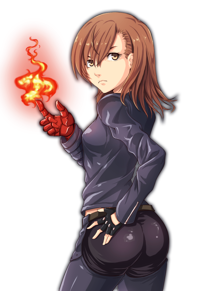 1girl, ass, asymmetrical_gloves, bangs, black_gloves, black_jacket, black_pants, brown_eyes, brown_hair, cosplay, cowboy_shot, eyebrows_behind_hair, fingerless_gloves, fire, from_behind, frown, gloves, highres, jacket, k'_(kof), k'_(kof)_(cosplay), leather, leather_jacket, long_sleeves, looking_back, misaka_mikoto, pants, pyrokinesis, red_gloves, short_hair, simple_background, solo, standing, the_king_of_fighters, toaru_kagaku_no_railgun, toaru_majutsu_no_index, white_background, you_xi_feng
