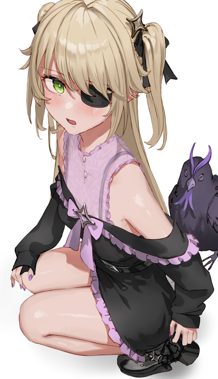 1girl, absurdres, bangs, bare_shoulders, black_dress, black_footwear, black_ribbon, blonde_hair