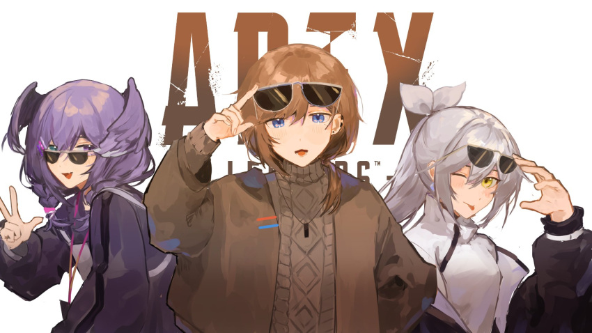 1boy, 2girls, ailurei, apex_legends, bangs, black_jacket, black_sweater, braid, breasts, brown_jacket, brown_sweater, english_commentary, eyewear_on_head, grey_hair, hair_ribbon, head_wings, heterochromia, highres, jacket, jewelry, kanae_(nijisanji), lanyard, logo, looking_at_viewer, medium_breasts, medium_hair, multiple_girls, necklace, nijisanji, nijisanji_en, off_shoulder, one_eye_closed, qualia_qu, re:act, ribbon, selen_tatsuki, smile, sunglasses, sweater, tongue, tongue_out, twin_braids, v, virtual_youtuber, white_background, white_ribbon, white_sweater, yellow_eyes