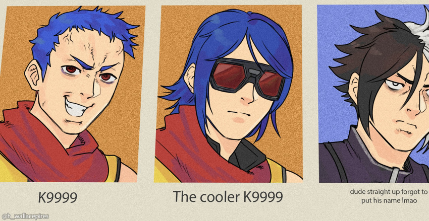 3boys, blue_hair, brown_hair, closed_mouth, dual_persona, grey_eyes, grin, highres