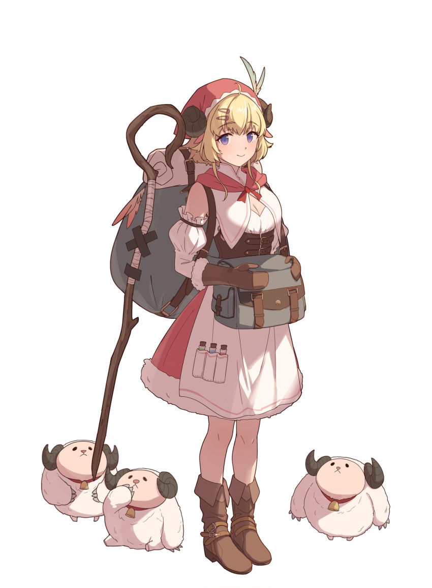 1girl, alternate_costume, animal_ears, apron, backpack, bag, boots, closed_mouth, detached_sleeves, dress, gloves, head_scarf, highres, hololive, horns, leather, leather_boots, leather_gloves, looking_at_viewer, mozuku_(honida1215), pouch, sheep_ears, sheep_girl, sheep_horns, short_dress, short_hair, sleeveless, sleeveless_dress, smile, solo, tsunomaki_watame, underbust, violet_eyes, virtual_youtuber, waist_apron, watamate, white_apron