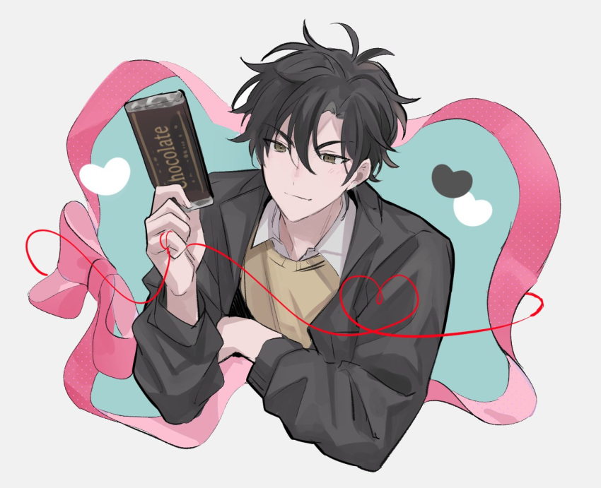 1boy, black_hair, black_jacket, brown_eyes, candy, cheng_xiaoshi, chocolate, chocolate_bar, closed_mouth, food, heart, holding, holding_chocolate, holding_food, jacket, long_sleeves, looking_at_viewer, male_focus, mr_yheu, pink_ribbon, ribbon, shiguang_dailiren, shirt, short_hair, simple_background, smile, solo, string, string_of_fate, sweater_vest, white_background, white_shirt