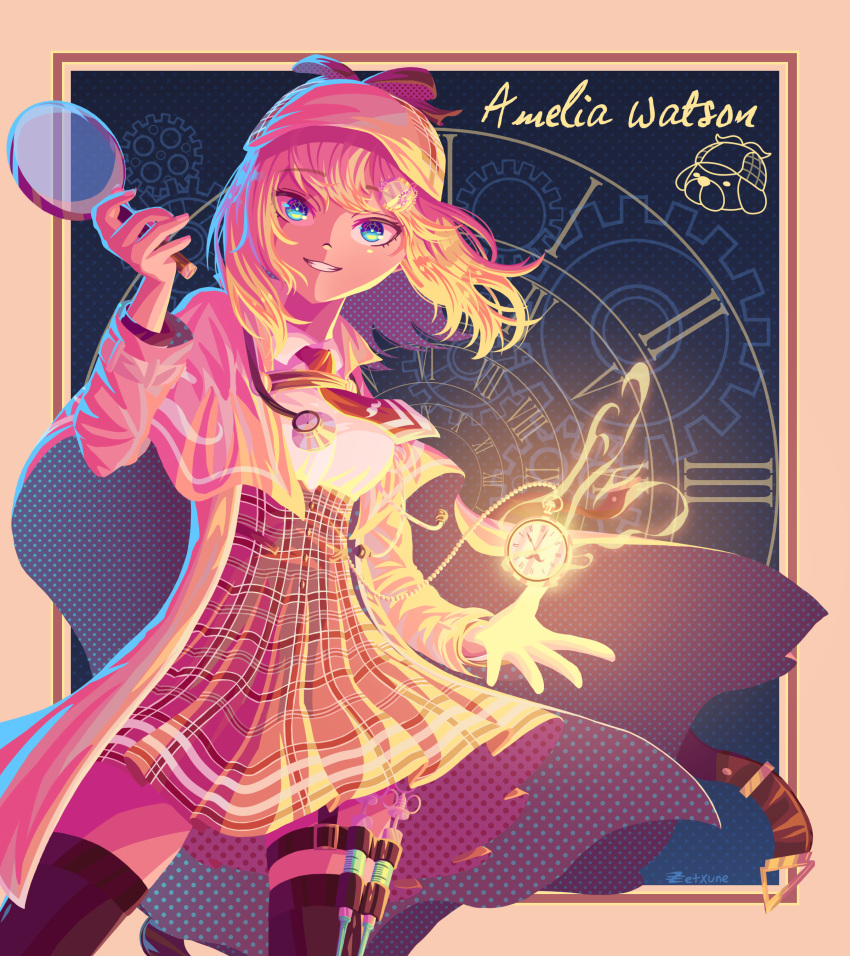 1girl, absurdres, blonde_hair, blue_eyes, character_name, eyebrows_visible_through_hair, grin, hair_ornament