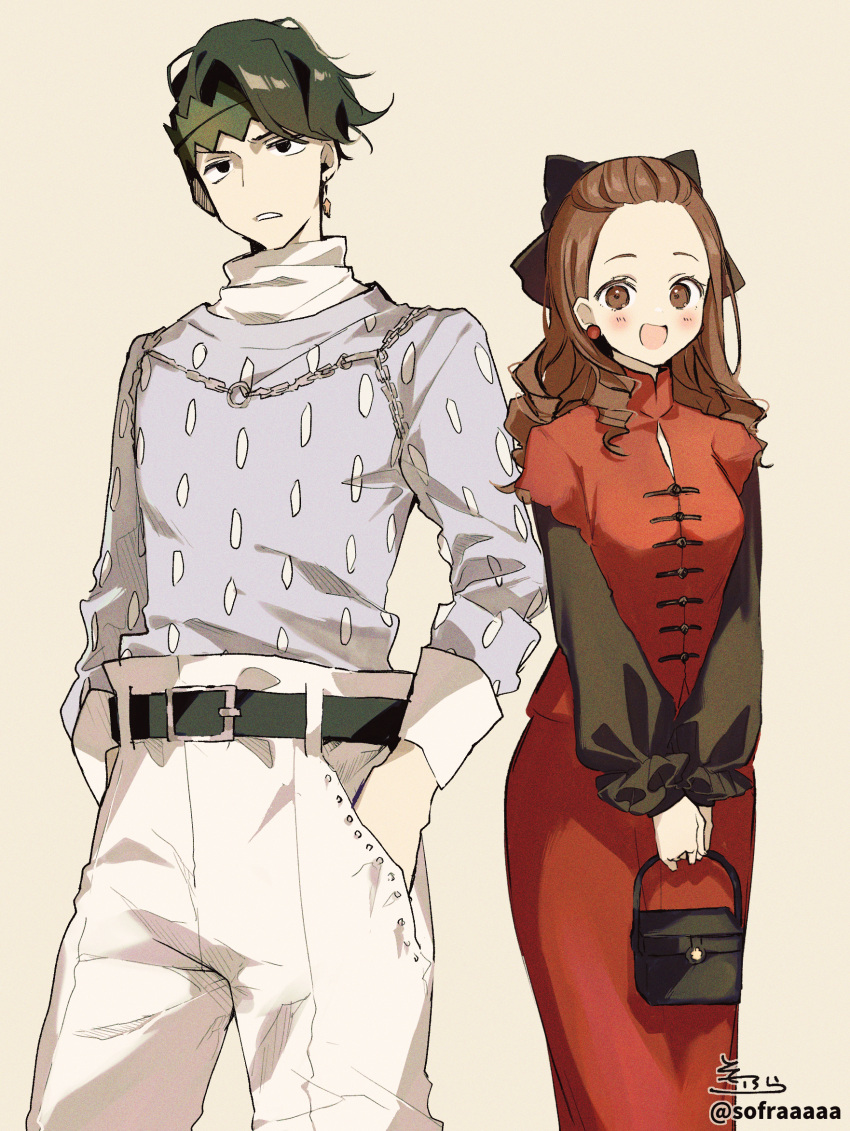 1boy, 1girl, :d, bag, bangs, belt, belt_buckle, black_belt