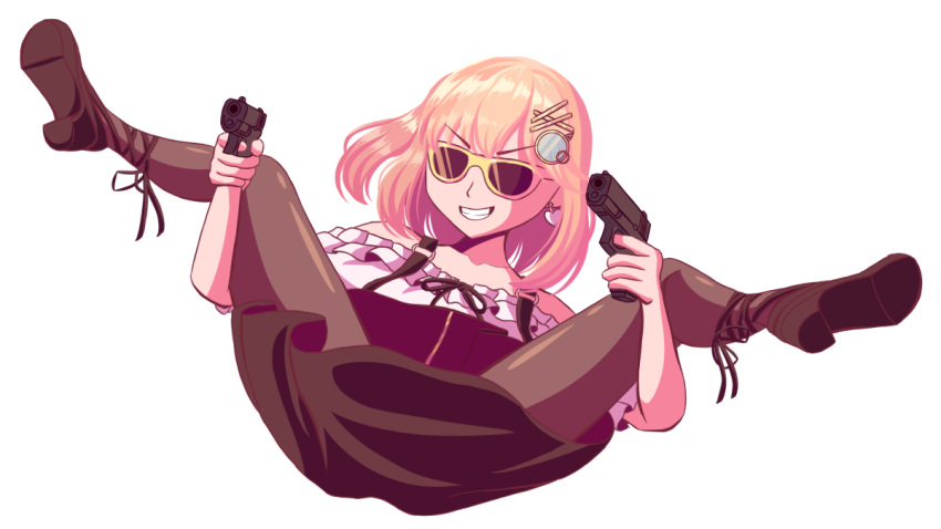 1girl, blonde_hair, filthy_frank, gun, handgun, hololive, hololive_english, pantyhose