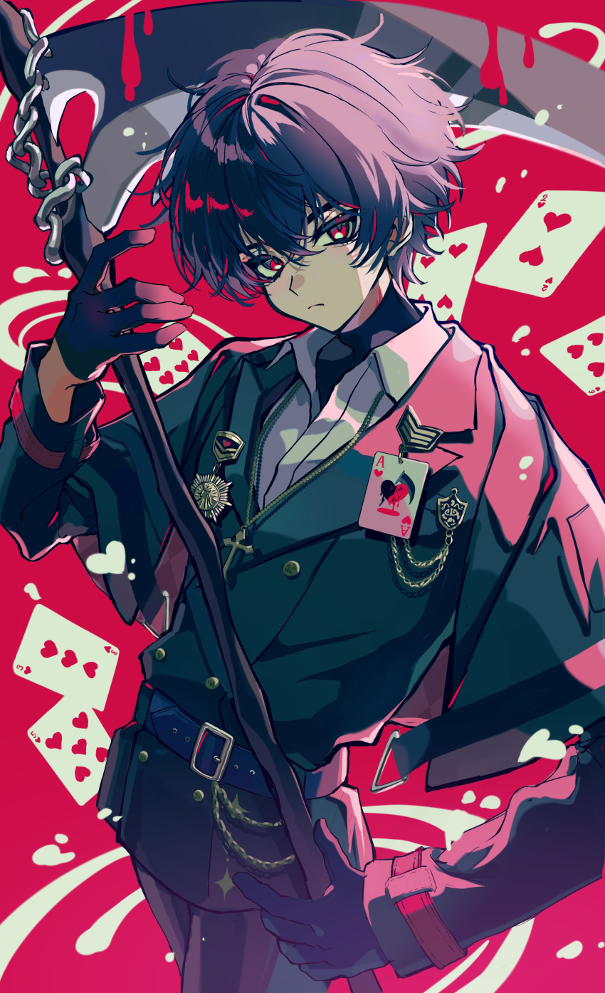 1boy, absurdres, black_hair, card, gloves, haru4aki, heart, heart_card, highres, holding, holding_weapon, long_sleeves, looking_at_viewer, male_focus, original, pale_skin, red_eyes, scythe, solo, weapon