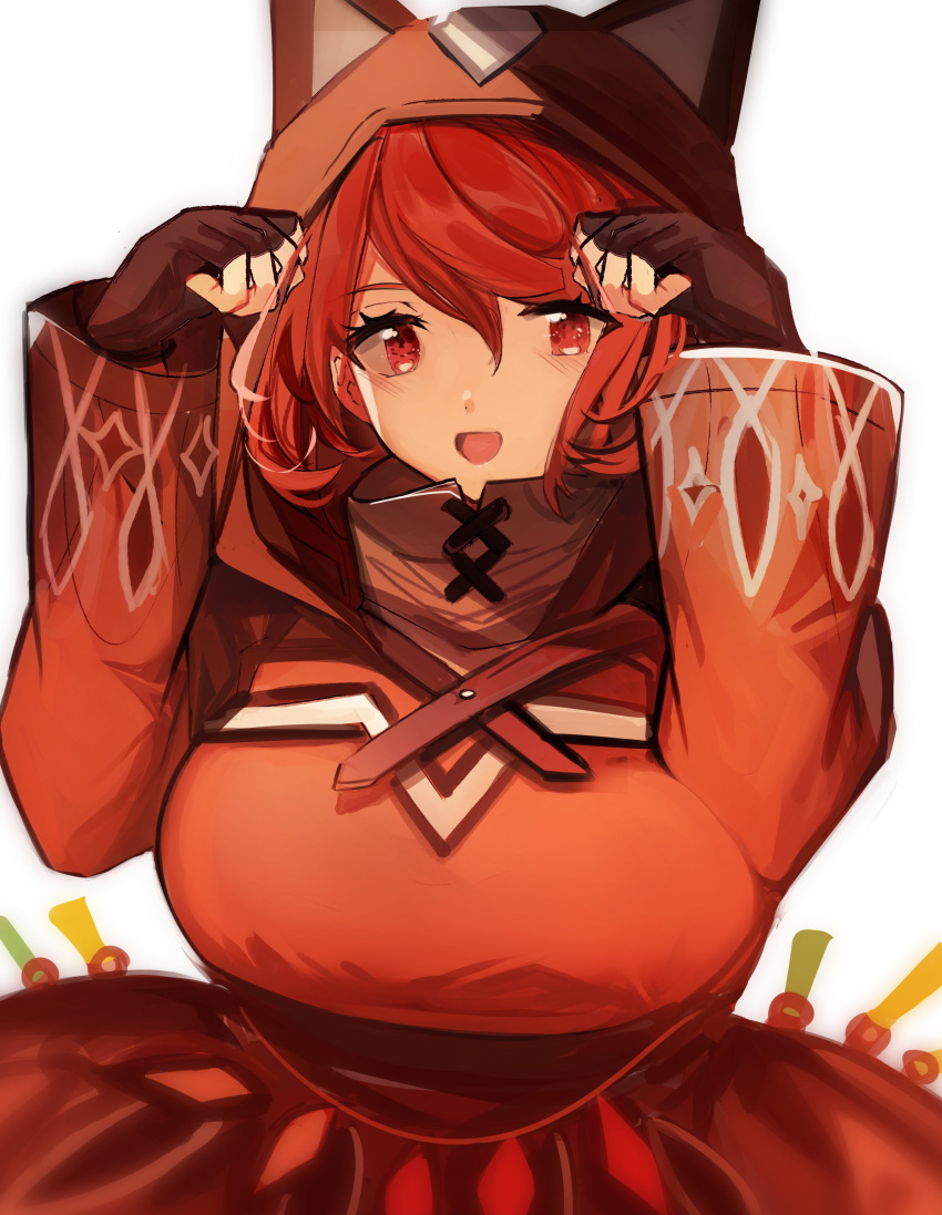 1girl, :d, absurdres, animal_ears, animal_hood, bangs, breasts, brown_hood