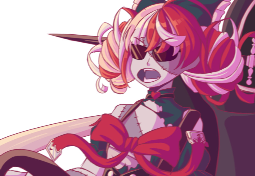 1girl, ahoge, blurry, bow, car, eyebrows_visible_through_hair, fangs, ground_vehicle