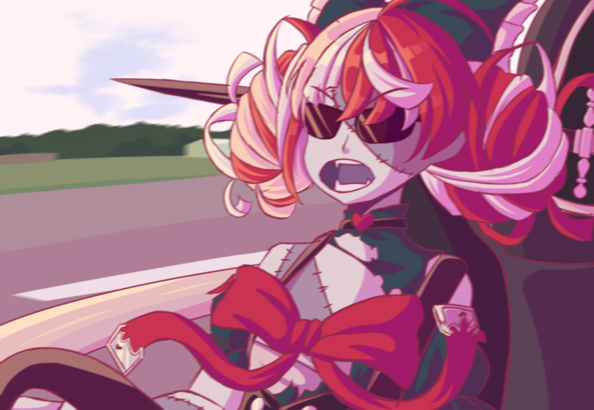 1girl, ahoge, blurry, bow, car, day, eyebrows_visible_through_hair, fangs
