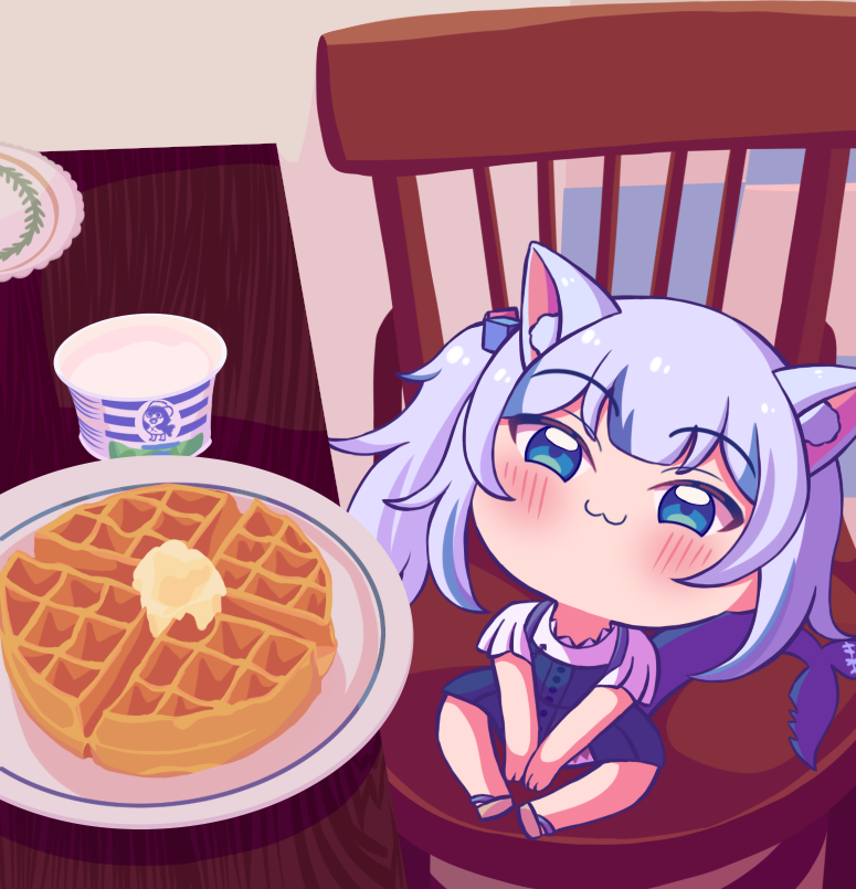 1girl, :3, animal_ears, blue_eyes, blue_hair, blush, butter, cat_ears, cat_girl, chair, chibi, closed_mouth, eyebrows_visible_through_hair, fish_tail, food, gawr_gura, hololive, hololive_english, looking_at_viewer, medium_hair, plate, shark_girl, shark_tail, short_sleeves, sitting, smile, solo, table, tail, twintails, virtual_youtuber, waffle, white_hair, zetxune