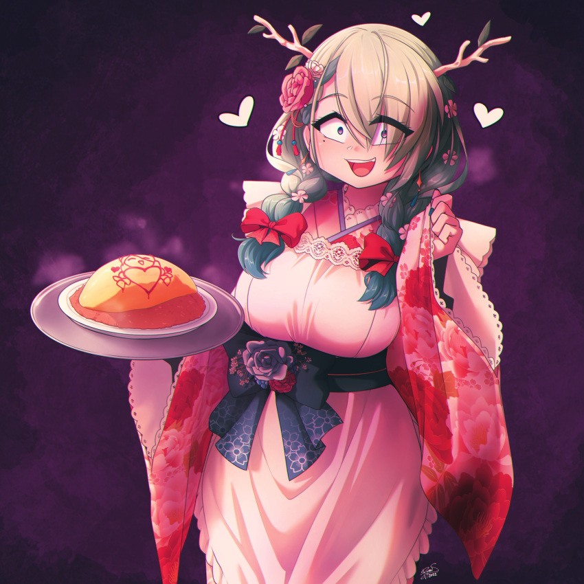 1girl, antlers, blush, breasts, brown_eyes, ceres_fauna, eyebrows_visible_through_hair, flower