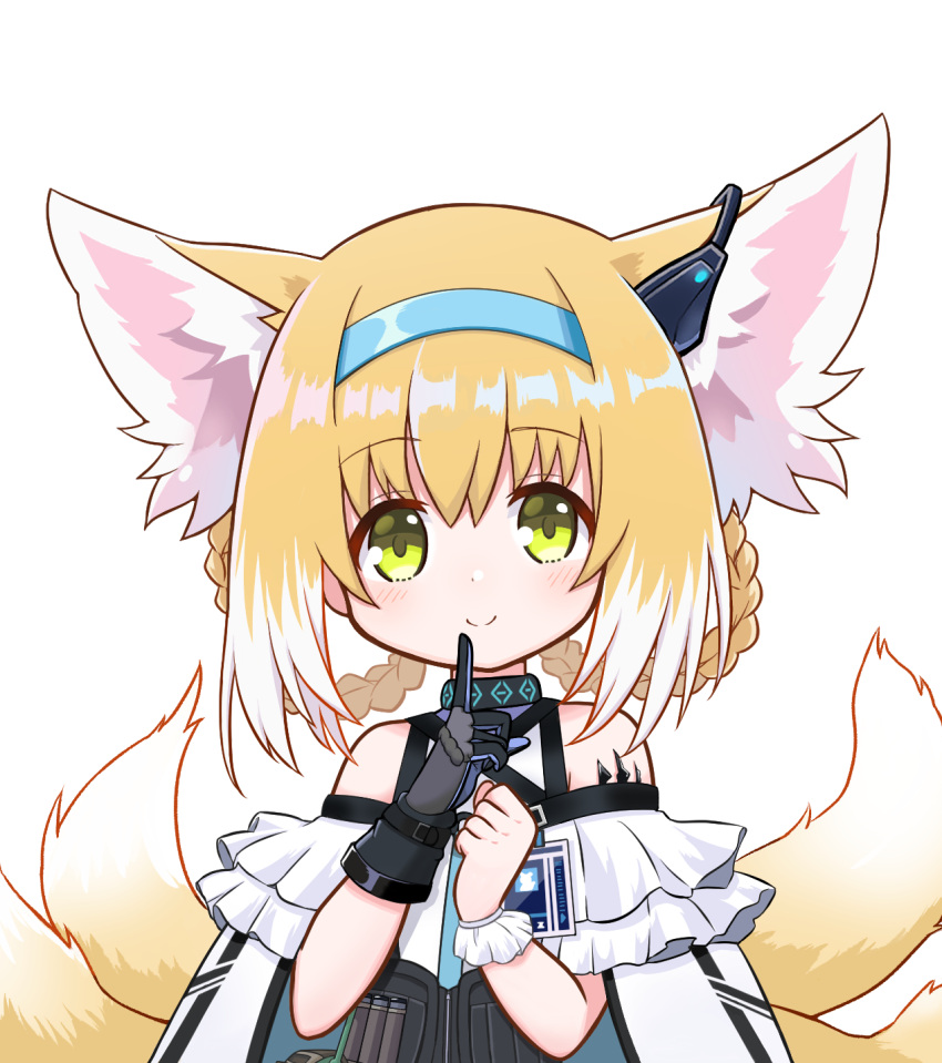 1girl, animal_ears, arknights, bare_shoulders, black_gloves, blonde_hair, blue_hairband, blush