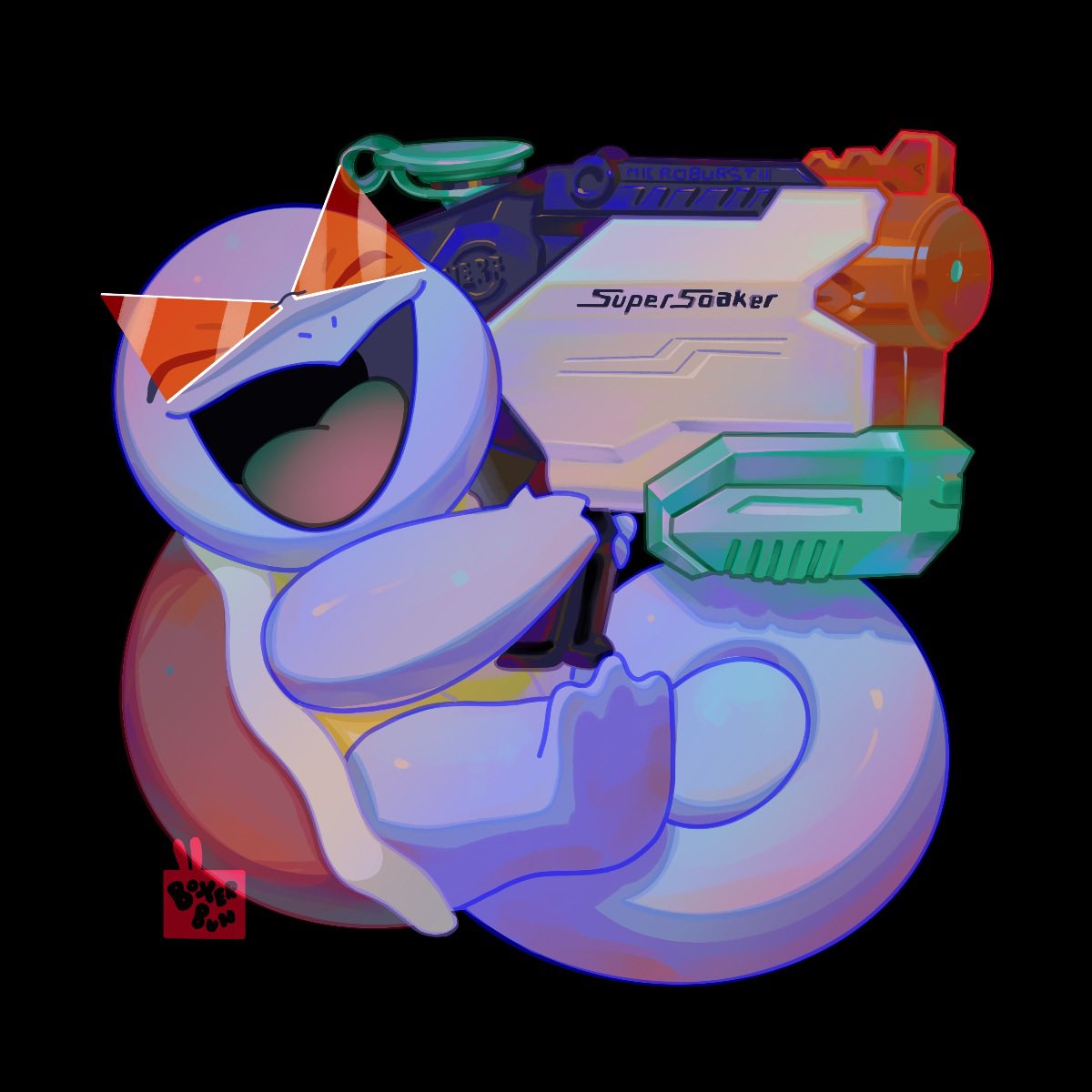 aquiboni, black_background, closed_eyes, highres, holding, holding_water_gun, no_humans, orange-tinted_eyewear