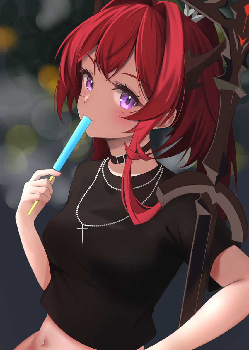 1girl, absurdres, arknights, black_choker, black_shirt, blurry, blurry_background, blush