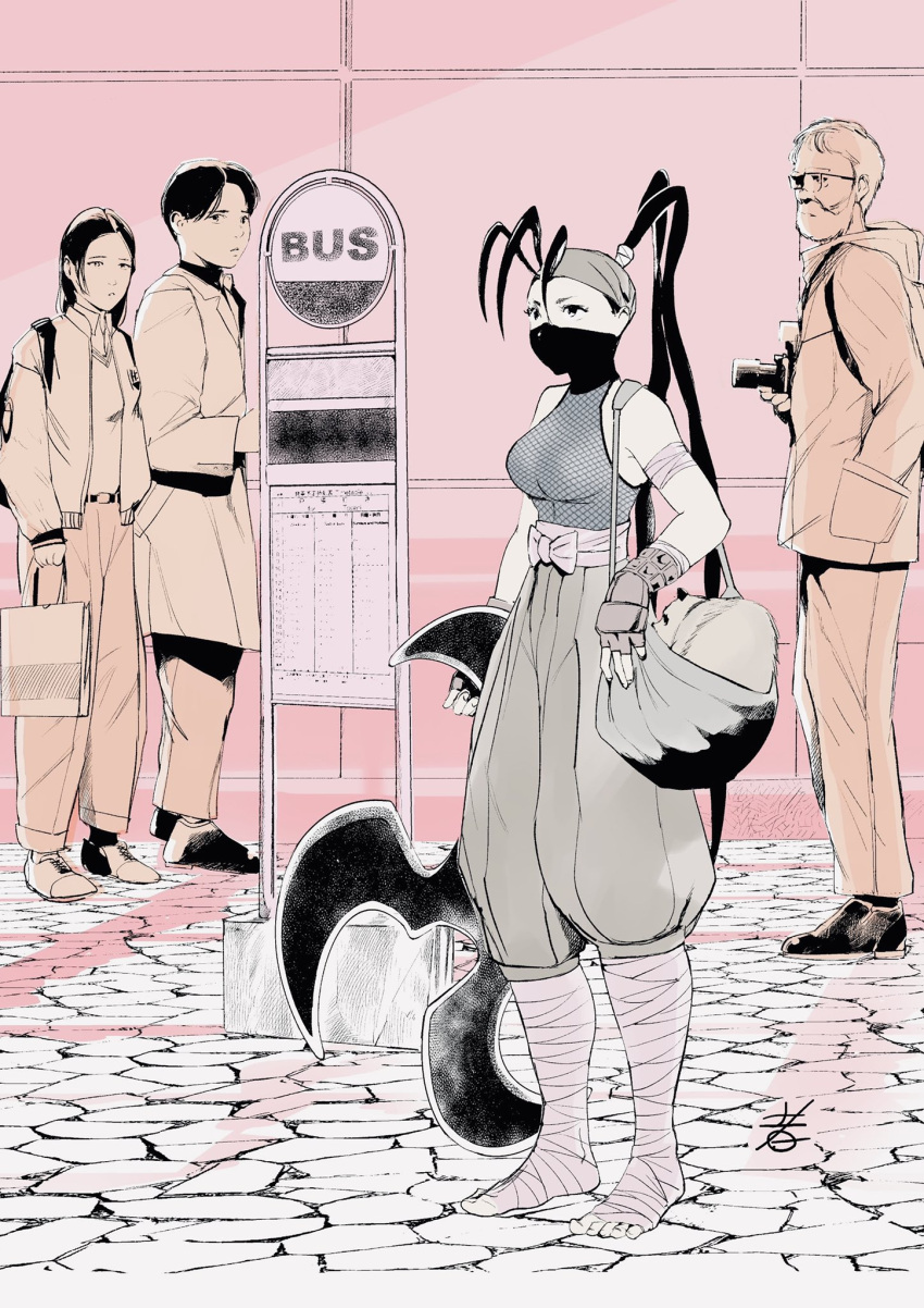 2boys, 2girls, antenna_hair, bandages, barefoot, black_hair, breasts, bus_stop