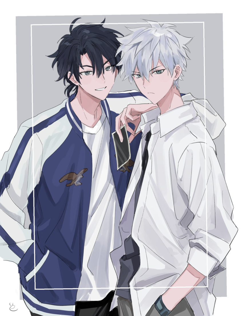 2boys, arm_on_shoulder, black_hair, black_pants, black_shirt, blue_jacket, border, cheng_xiaoshi