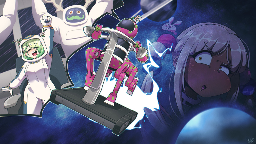 1other, 2girls, arms_up, centauroid, ceres_fauna, closed_eyes, dark-skinned_female, dark_skin
