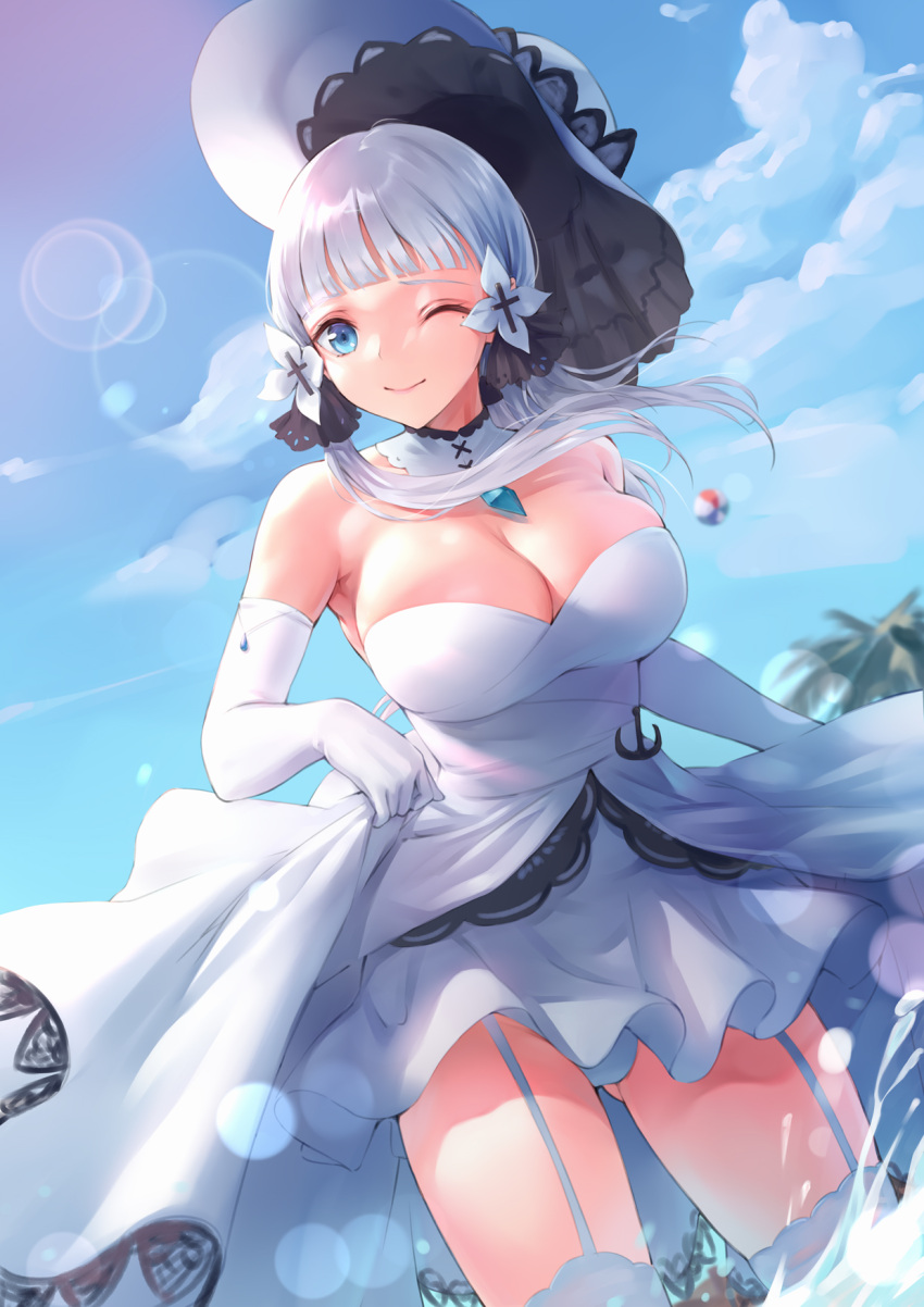 1girl, ass_visible_through_thighs, azur_lane, bare_shoulders, blue_sky, breasts, detached_collar, dress
