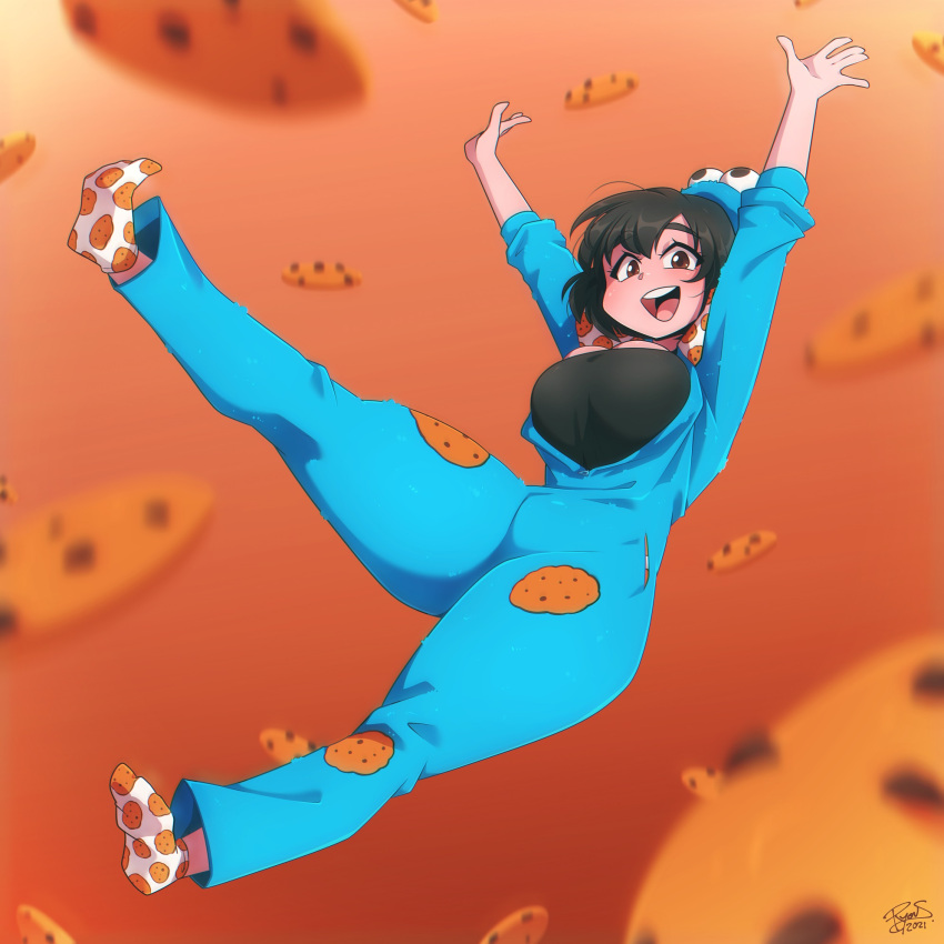 1girl, arms_up, black_hair, blush, breasts, brown_eyes, character_request, cookie_monster