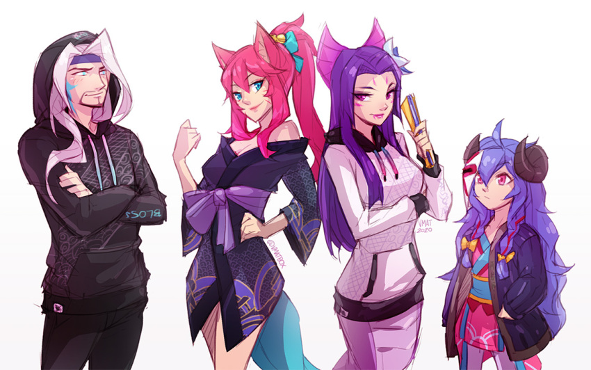 1boy, 3girls, ahoge, ahri_(league_of_legends), alternate_costume, bangs, beard, black_pants