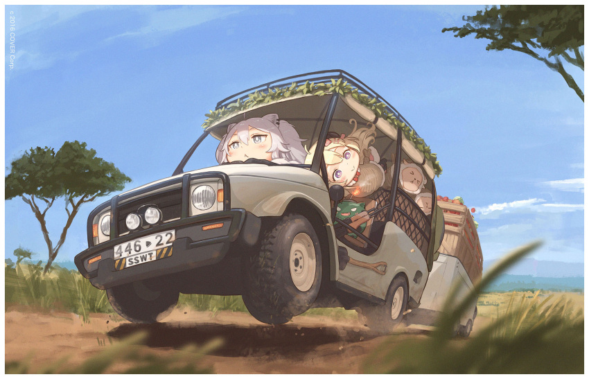 2girls, animal_ears, blonde_hair, blush, bound, chibi, driving, highres, hololive, horns, kozato_(yu_kozato), lion_ears, lion_girl, multiple_girls, official_art, sheep_ears, sheep_girl, sheep_horns, shishiro_botan, silver_hair, ssrb, tied_up_(nonsexual), tsunomaki_watame, virtual_youtuber, watamate