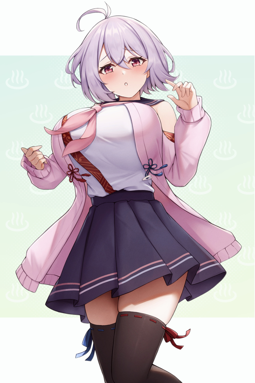 :o, absurdres, ahoge, black_legwear, blue_skirt, blush, breasts, cowboy_shot, girly_running, hair_between_eyes, high-waist_skirt, highres, huge_breasts, jacket, kannko_bokujou, looking_at_viewer, miniskirt, neckerchief, nyutou_nodoka, onsen_musume, pink_eyes, pink_jacket, pink_neckerchief, pleated_skirt, school_uniform, serafuku, shirt, silver_hair, skirt, thigh-highs, white_shirt, zettai_ryouiki