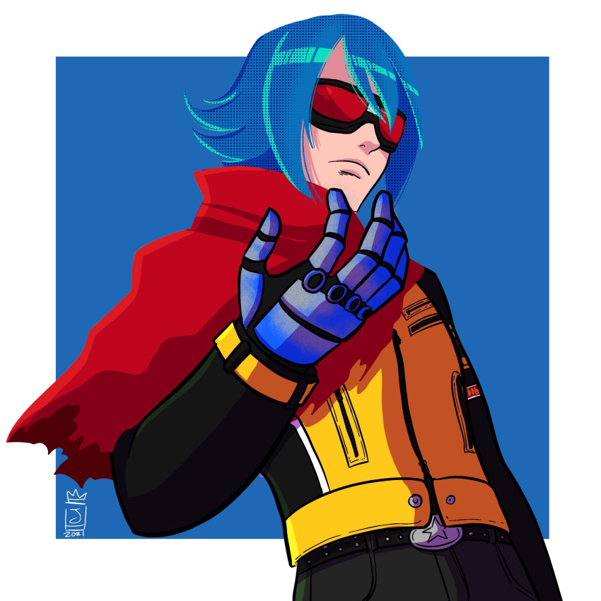 angel_(kof), blue_hair, cape, fighting_game, gloves, goog, highres, jacket