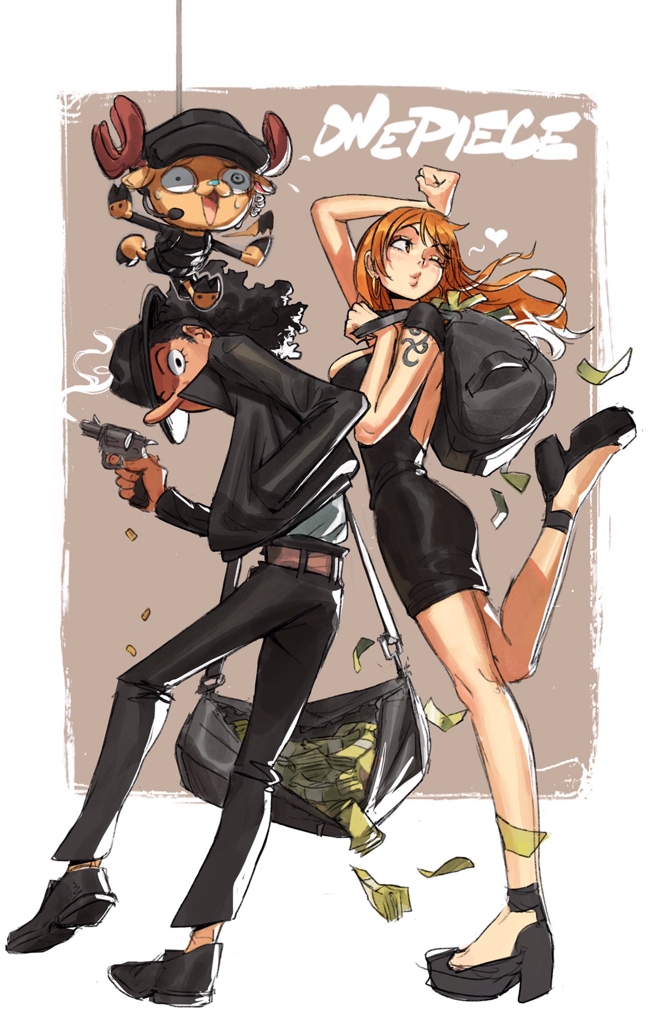 1girl, 2boys, afterimage, alternate_costume, animal_ears, animal_nose, antlers, arm_up