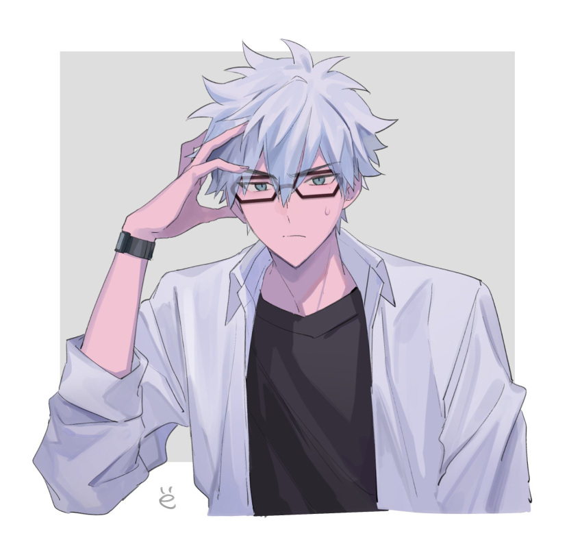 1boy, adjusting_eyewear, black-framed_eyewear, black_shirt, blue_eyes, border, frown, grey_background