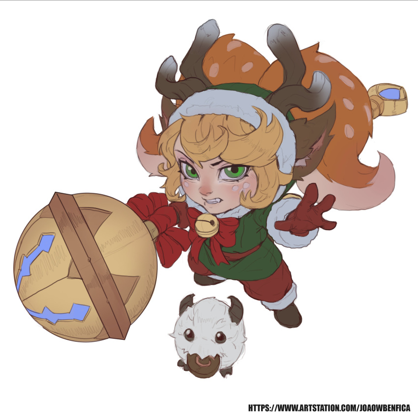 1girl, absurdres, animal_ears, antlers, arm_up, bangs, bell, belt, blonde_hair, blush, bow, bowtie, brown_footwear, deer_ears, deer_girl, fang, full_body, gloves, green_eyes, green_headwear, green_jacket, grey_background, highres, holding, holding_weapon, jacket, joaowbenfica, league_of_legends, neck_bell, official_alternate_costume, pants, poppy_(league_of_legends), poro_(league_of_legends), red_belt, red_bow, red_bowtie, red_gloves, red_pants, simple_background, snow_fawn_poppy, solo, standing, swept_bangs, teeth, twintails, weapon, web_address, yordle