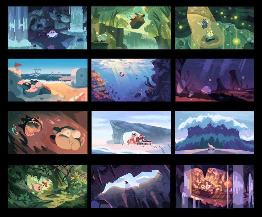 acro_(kirby), adeleine, blue_sky, cave, crate, dress, jungle, king_dedede