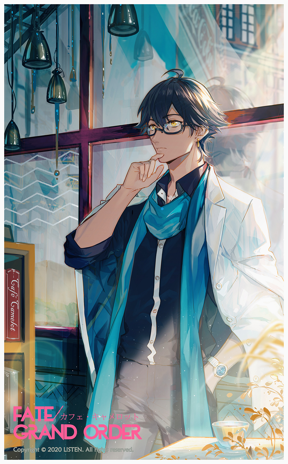 1boy, 2020, ahoge, bespectacled, blue_scarf, brown_hair, cafe_camelot, chinese_commentary, cup, dark-skinned_male, dark_skin, earrings, fate/grand_order, fate_(series), glasses, hand_up, highres, jacket, jewelry, l!sten, male_focus, ozymandias_(fate), scarf, solo, teacup, type-moon, white_jacket, yellow_eyes