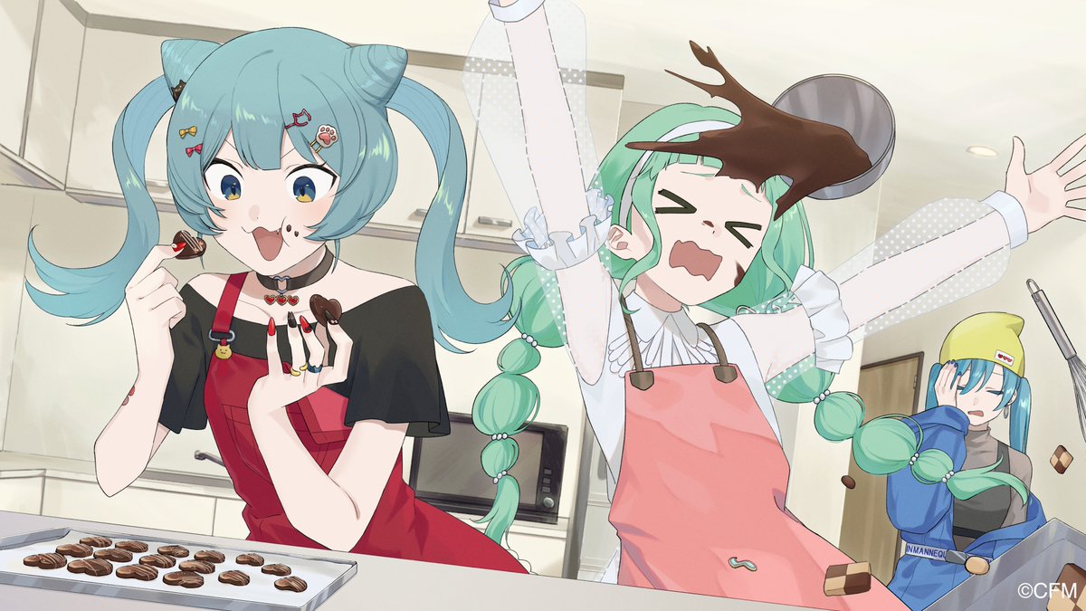 >_<, 3girls, :d, :t, angel_hair_(vocaloid), animal_(vocaloid), apron, aqua_hair