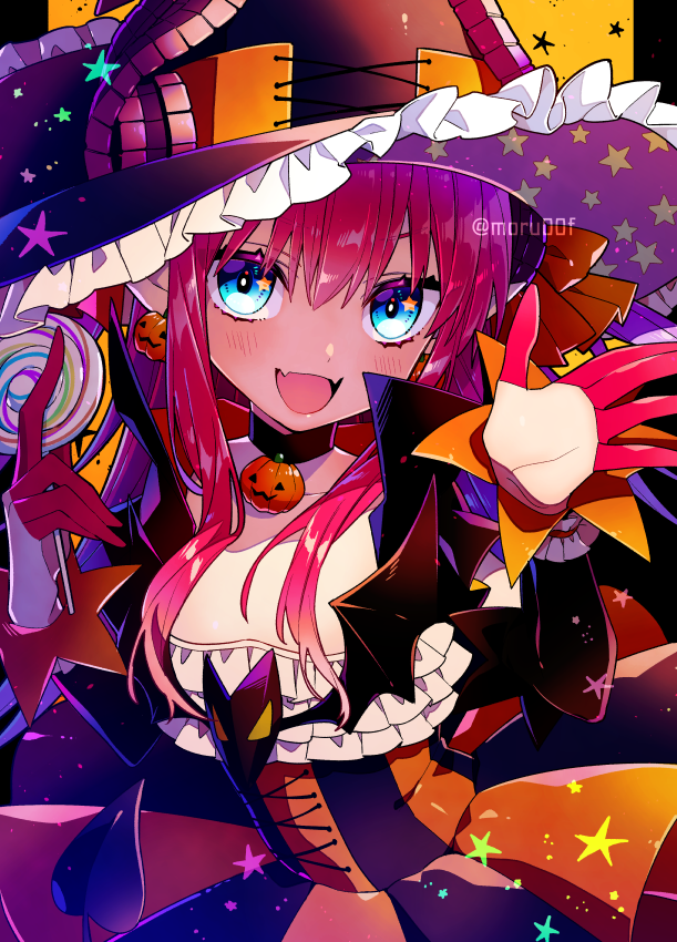 1girl, bangs, black_legwear, blue_eyes, blush, breasts, candy, curled_horns
