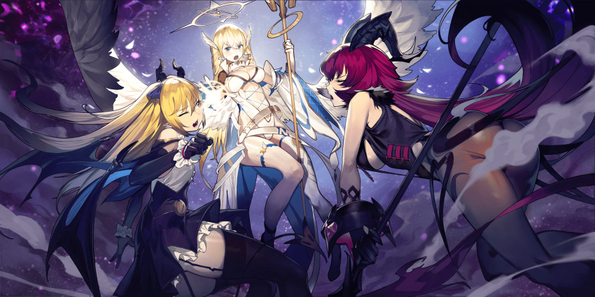 3girls, angel, angel_wings, ark_order, artist_request, bangs, belphegor_(ark_order), black_gloves, black_legwear, black_leotard, black_skirt, black_wings, blonde_hair, blue_eyes, breasts, clouds, demon_girl, demon_horns, demon_wings, elbow_gloves, feathered_wings, garter_straps, gloves, halo, highres, holding, holding_weapon, horns, large_breasts, leotard, long_hair, mammon_(ark_order), michael_(ark_order), multiple_girls, official_art, one_eye_closed, pantyhose, pink_hair, pointy_ears, shirt, sidelocks, skirt, sleeveless, sleeveless_shirt, thigh-highs, v-shaped_eyebrows, very_long_hair, weapon, white_legwear, white_shirt, white_wings, wing_hair_ornament, wings