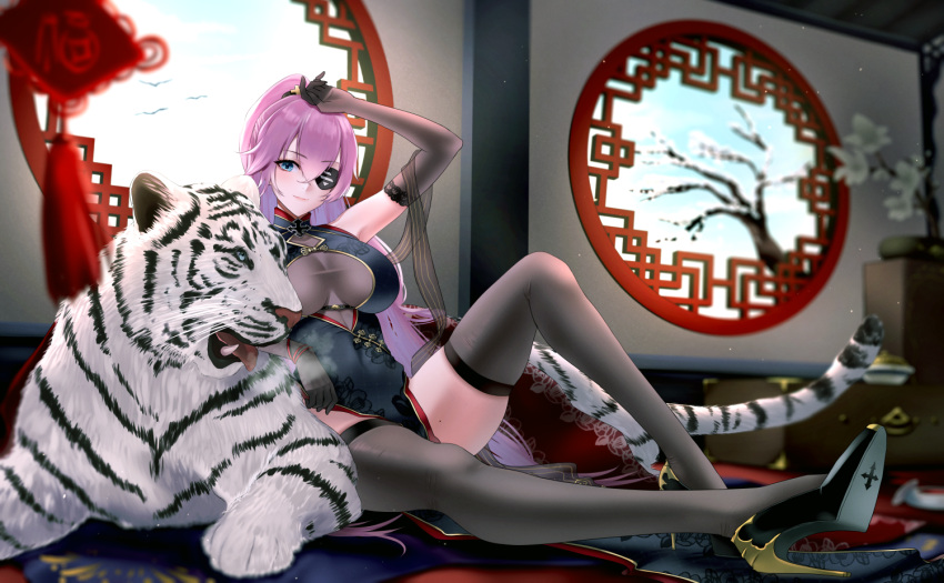 1girl, architecture, azur_lane, bird, black_dress, black_footwear, black_gloves, black_legwear